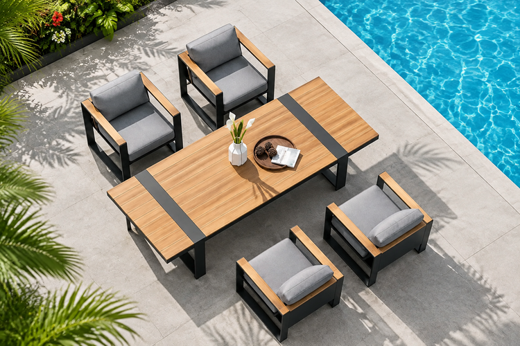 Outdoor furniture set with wooden table and chairs by a pool