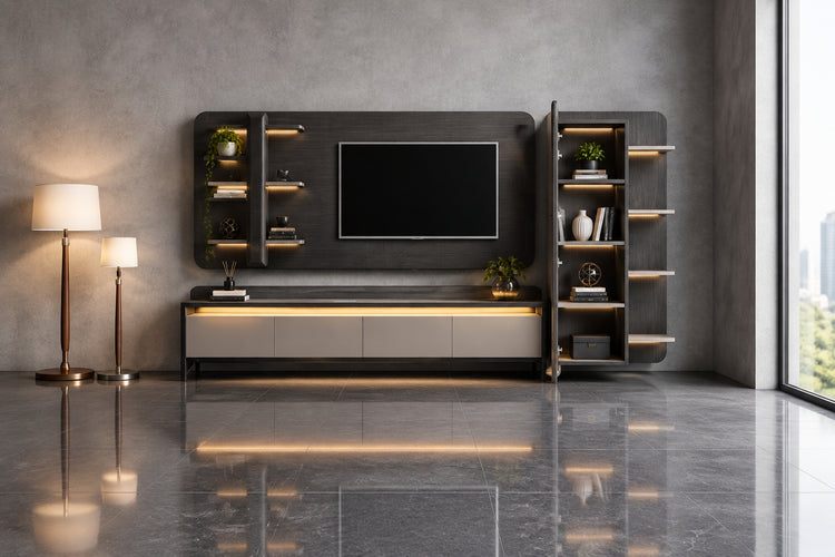 Modern entertainment console with TV in a minimalistic room