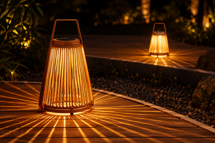 Woven outdoor lantern casting a warm glow on a wooden surface