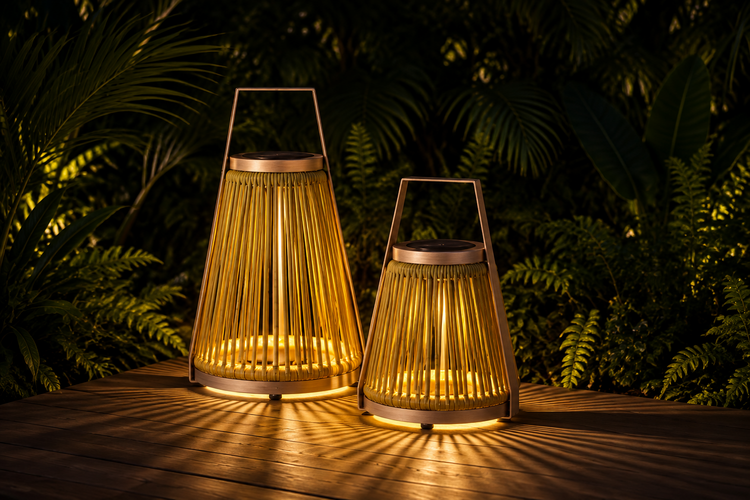 Two illuminated outdoor lamps on a dark background