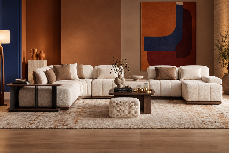 A modern sectional sofa in warm off-white upholstery with dark wood framing, styled in a contemporary living room with terracotta and beige walls, an abstract painting, and a matching ottoman.