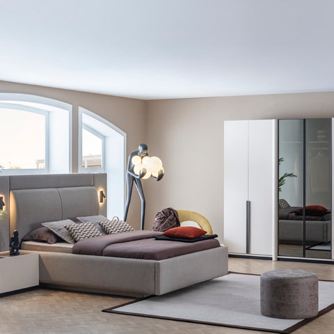 Contemporary Bed Set with Mirrored Wardrobe
